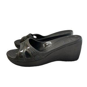 CROCS Chocolate Brown Criss Cross Slide Wedge Sandals 9